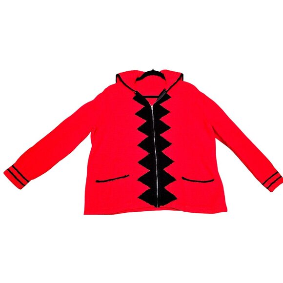 Handmade Red & Black Knit Hooded Cardigan With Zigzag Design & Front Zipper Clos - Picture 6 of 8